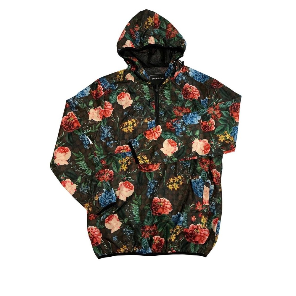 Reason Floral Windbreaker Men Medium Black Red Blue Excellent Quarter Zip Hooded